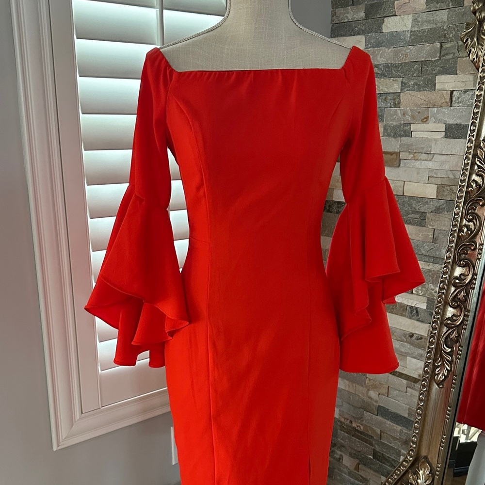 VENUS Vibrant Red Orange Long Sleeve Dress